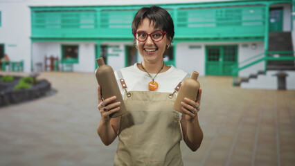 Young woman wearing apron holds two pottery bottles at chest, smiling and presenting them in a...