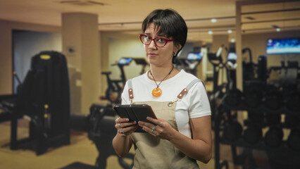 Woman wearing apron and glasses holding tablet with hands, tapping screen in a gym building; concentration planning.