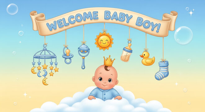 Welcome Baby Boy Banner with Cute Baby and Nursery Items Illustration - Powered by Adobe