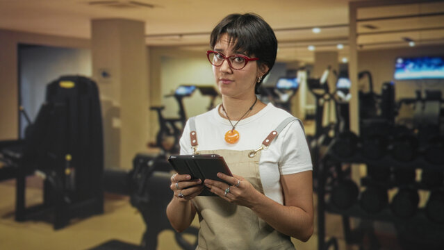 Woman wearing apron and glasses holding tablet with hands, tapping screen in a gym building; concentration planning.
