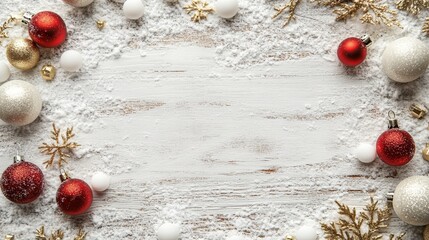 Holiday background with red and white christmas ornaments, golden snowflakes, and snow on a rustic white wooden surface