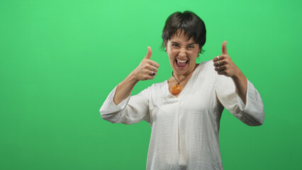 Woman showing double thumbs up with rings and amber pendant necklace, energetic grin in green studio; approval joy.