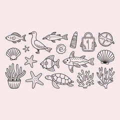 Fototapeta premium Hand- Drawn Collection of Marine Life and Ocean Objects fish turtle