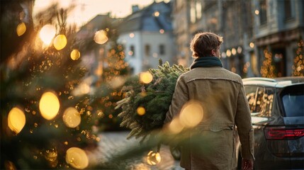 Obraz premium Man walking down street carrying Christmas tree during evening time in city.