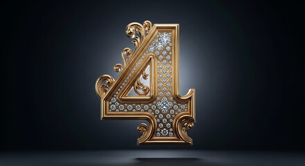 Golden Ornate Number Four with Diamonds on Dark Background