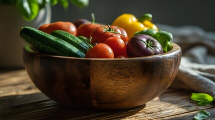 Freshly harvested garden vegetables fill a rustic wooden bowl on a sunlit surface