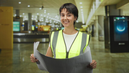 Woman holding large sheets of paper with both hands, smiling while reviewing plans in airport terminal; focused planning.