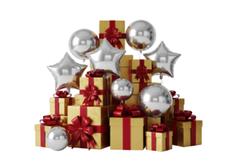 luxurious gold gift boxes tied with deep crimson satin bows and floating silver mylar balloons, against a transparent background with copy space. concept for festive advertisement