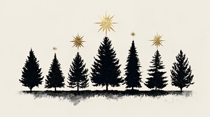 Obraz premium Golden Starlit Pines: Minimalist Winter Forest Silhouette Art