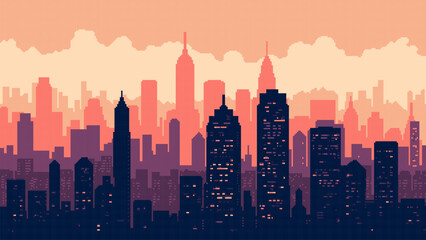 Pixel art cityscape skyline at sunset or sunrise. Retro 8-bit game background with modern city buildings. Digital graphic for video game backdrop. © hiten666