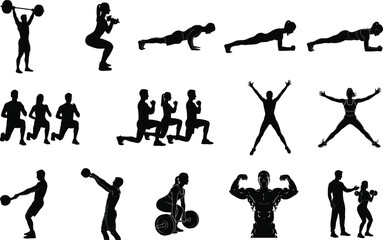 Fitness workout exercise silhouette vector illustration set