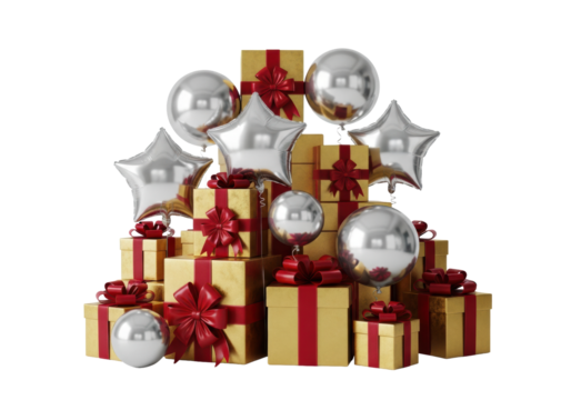 luxurious gold gift boxes tied with deep crimson satin bows and floating silver mylar balloons, against a transparent background with copy space. concept for festive advertisement