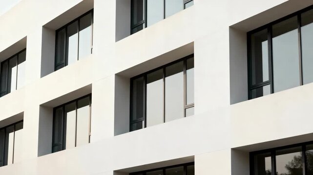 Medium shot capturing a minimalist architectural fa&ccedil;ade featuring clean lines neutral tones and uncluttered design emphasizing modern simplicity.