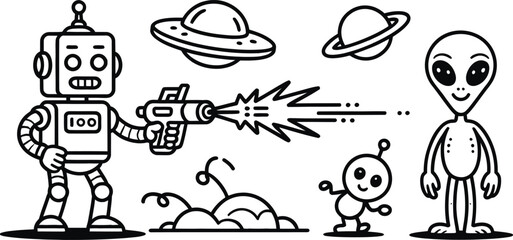 Cartoon space set robot alien planet spaceship