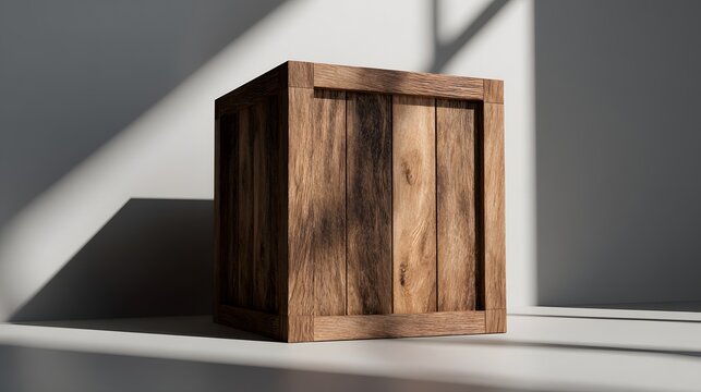 Wooden storage container rests on a light surface with dramatic sunlight and shadow patterns