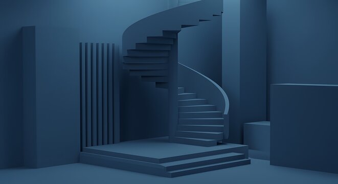 Minimalist Architecture with Staircase in Blue Monochrome Interior Design Concept