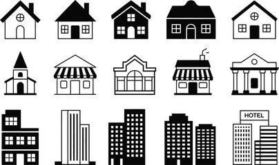 Building icons set black and white style