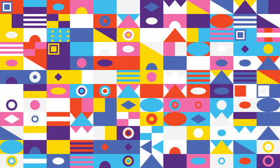 Geometric shapes abstract pattern in vibrant colors yellow blue pink purple colorful