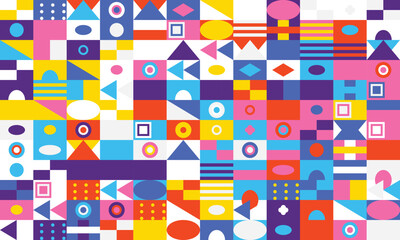 Geometric shapes abstract pattern in vibrant pink blue yellow red and purple colorful