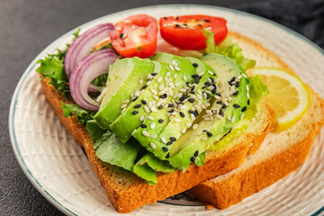 Avocado toast vegetable dish natural product tasty snack fresh delicious gourmet food background on the table rustic top view copy space keto and paleo diet vegan and vegan food