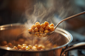 Chickpeas being scooped from a pot.