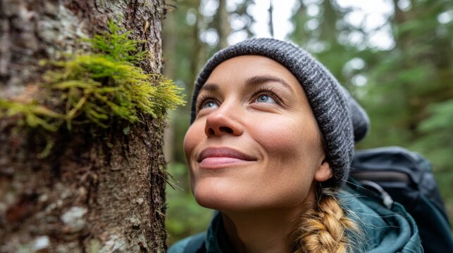 Woman hiking in forest, exploring nature, standing near mossy tree.