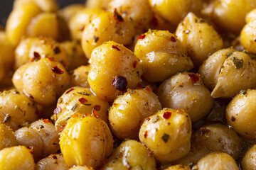 Close-up of seasoned chickpeas.
