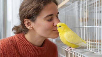 Woman kissing bird in cage.