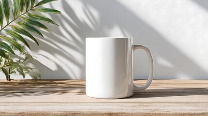 White mug on wooden surface with plant and shadow against white background