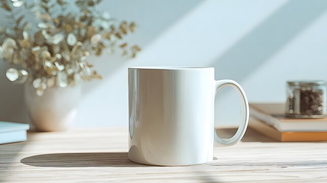 Still life featuring a white mug vase books and jar on a wooden surface - Powered by Adobe