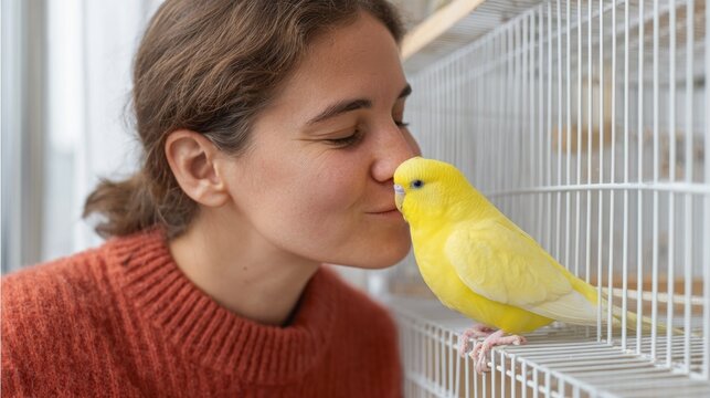 Woman kissing bird in cage.