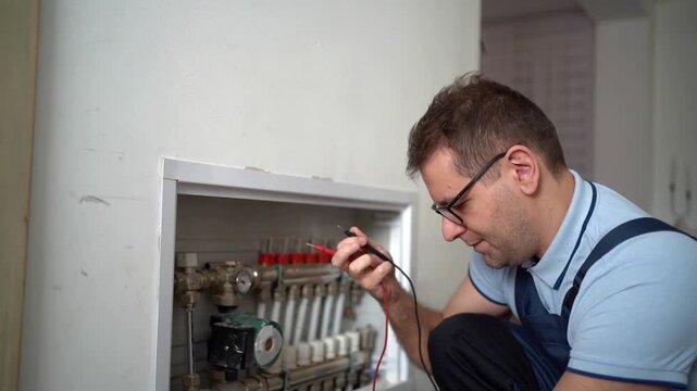 Plumber technician inspecting a home heating system manifold