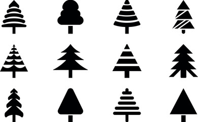 Flat Christmas Tree Icon Set, Simple Pine Tree Silhouette Icons, Minimal Forest Vector, Woodland Tree Icons, Nature Icon Pack for Winter and Holiday