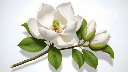 White magnolia flower with two buds and green leaves on a branch