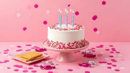 White birthday cake with five lit blue candles and colorful sprinkles