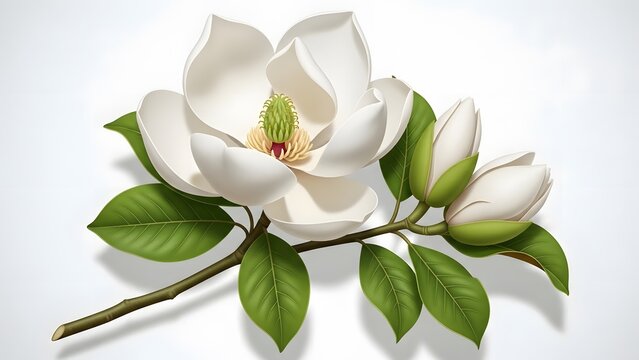 White magnolia flower with two buds and green leaves on a branch