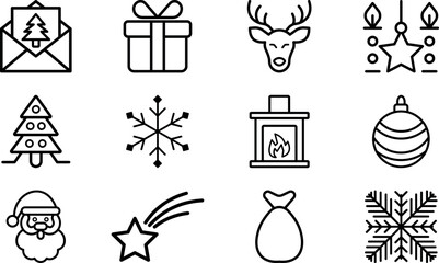 Minimalist Christmas, Winter Outline Icon Collection, Holiday Essentials Minimalist Icon Set, Clean Line Christmas Elements Vector Collection