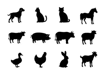 Domestic and Farm Animals Silhouettes Collection Vector Icons