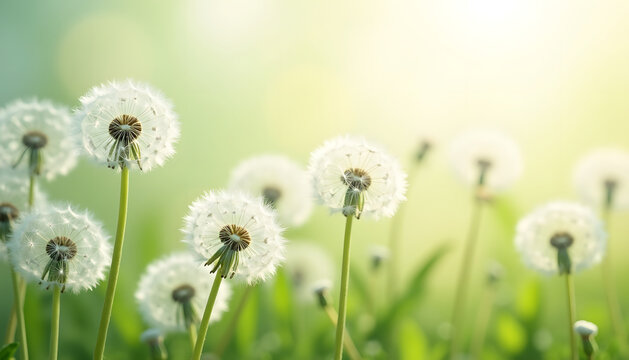 Close-up of fluffy dandelion seed heads in a sunny meadow