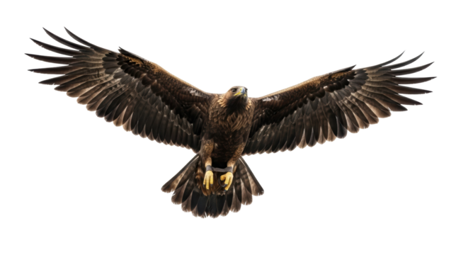 Majestic golden eagle flying isolated PNG on transparent background, powerful bird of prey with outstretched wings for wildlife concepts