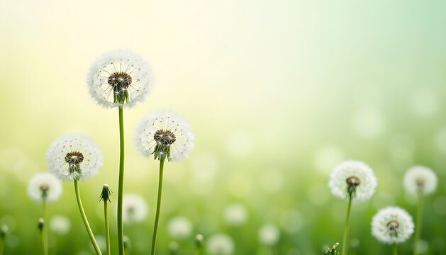Close-up of fluffy dandelion seed heads in a field with soft bokeh background - Powered by Adobe