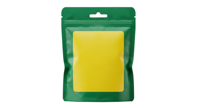 Green stand-up pouch with yellow label isolated PNG, flexible packaging mockup for food products and branding on transparent background