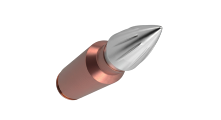 Silver and copper bullet isolated PNG on transparent background, ammunition for firearms and shooting sports