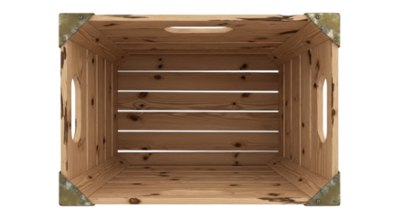 Rustic wooden crate isolated PNG, vintage storage box with metal corner brackets on transparent background for product display and organization