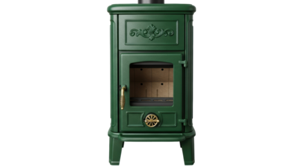 Green cast iron wood burning stove isolated PNG, vintage style heater for home heating on transparent background