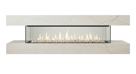 Modern linear fireplace with white marble surround isolated PNG, contemporary home heating appliance on transparent background