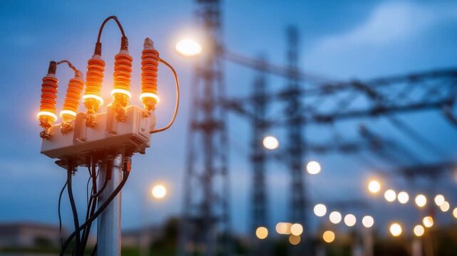 Illuminating Power: Close-up of electrical insulators aglow against a backdrop of a power grid, symbolizing the flow of energy.