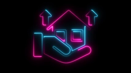 home icon animation glowing neon blue color house us currency money profit investment companies finance success on black background