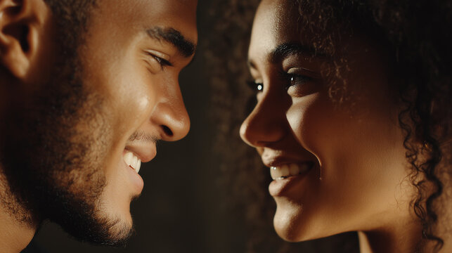 Ai couple sharing a joyful moment in a close-up portrait during a cozy evening at home