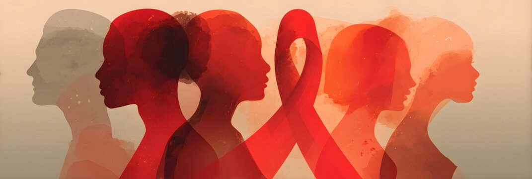 HIV AIDS Awareness Concept with Diverse Women Silhouettes and Red Ribbon Symbol - Powered by Adobe